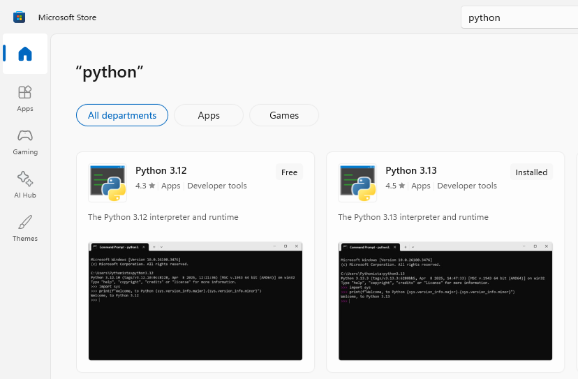 Install Python from Microsoft Store